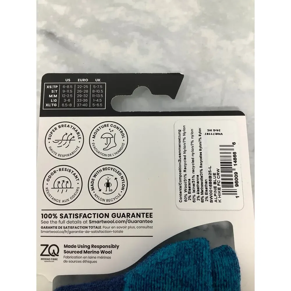 Smartwool Kids Large Alpine Blue Hike Full Cushion Outdoors Crew Socks L13-28